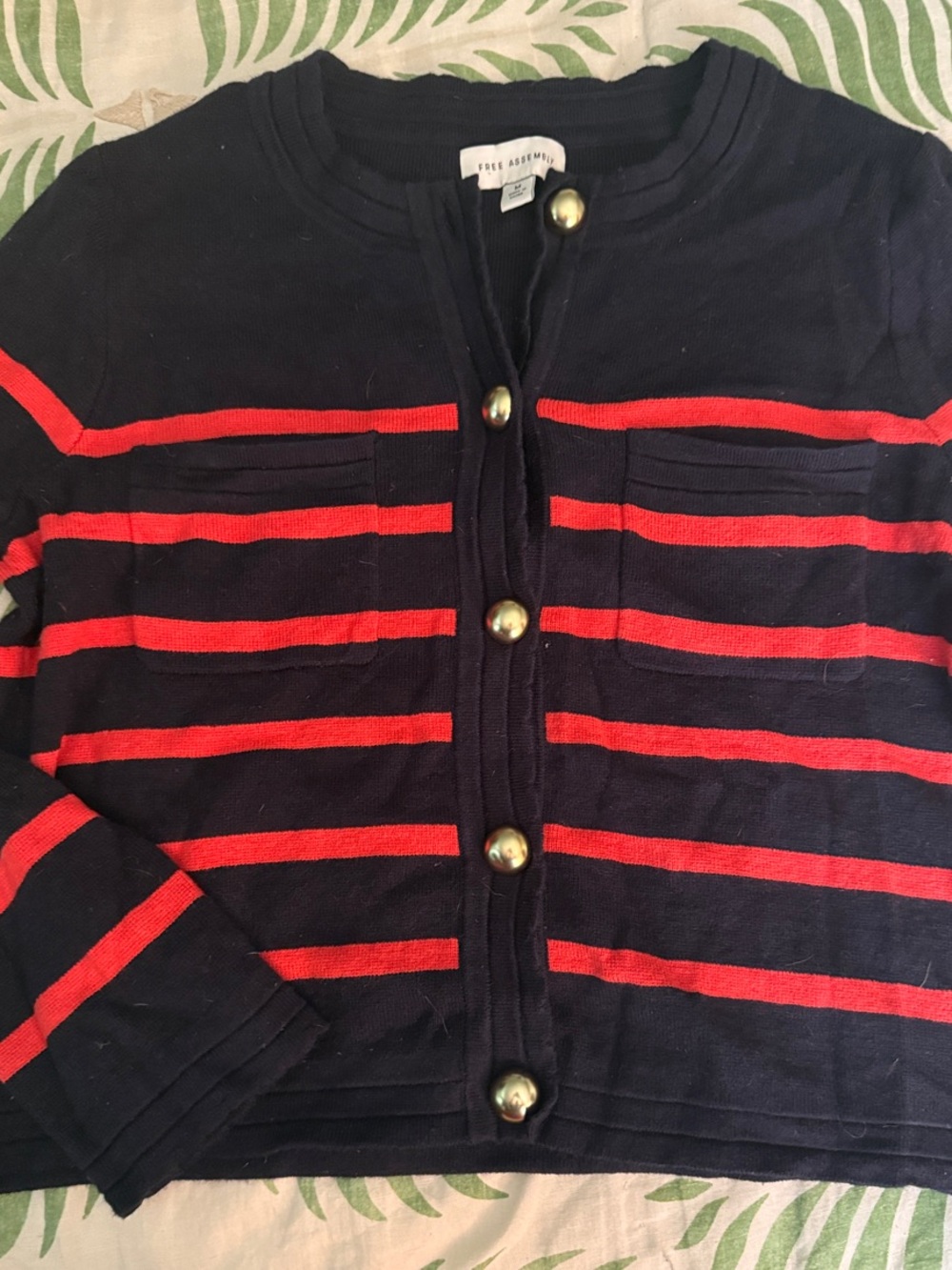 Striped Navy and Red Button-Front Women's Cardigan